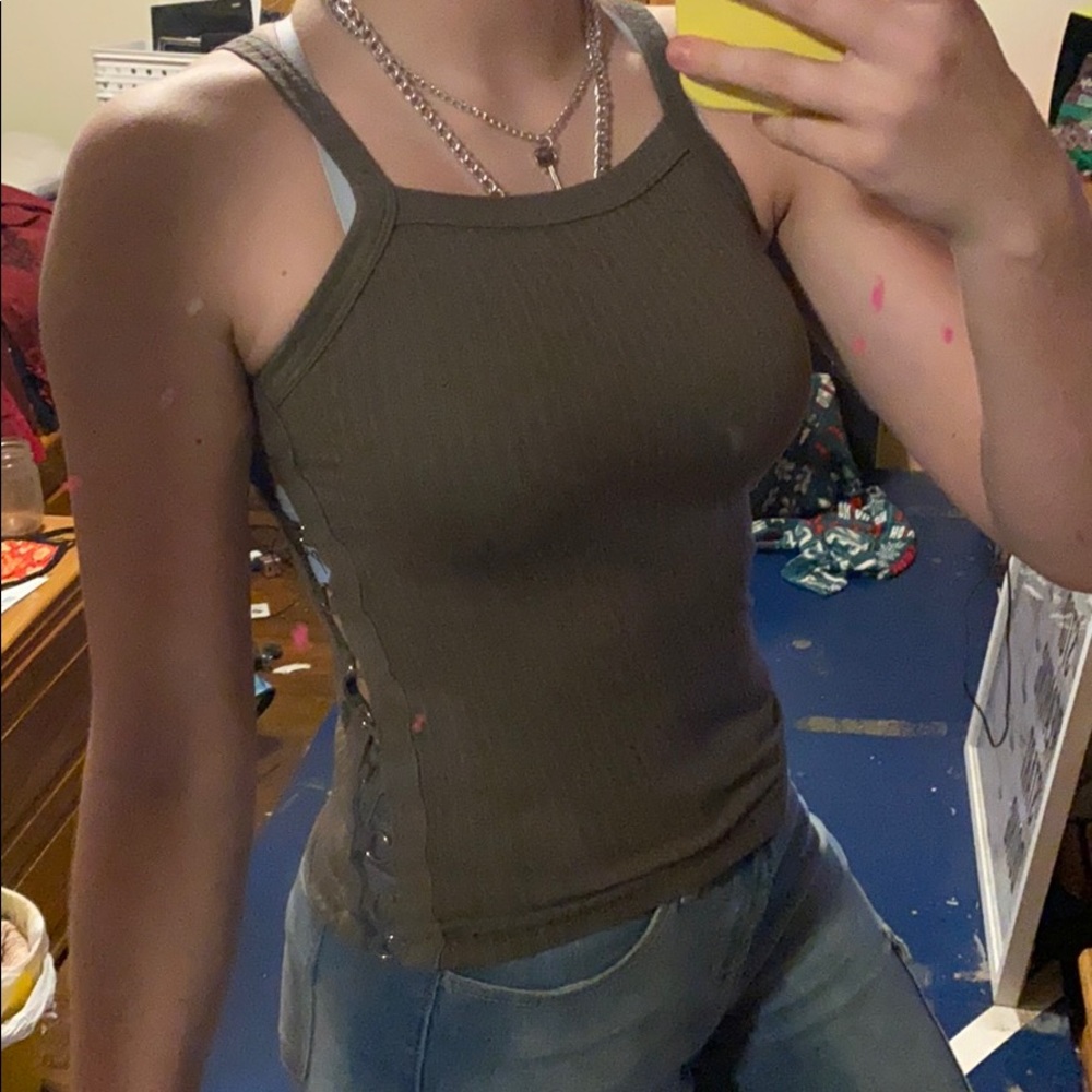 Olive green tank top with silver rings